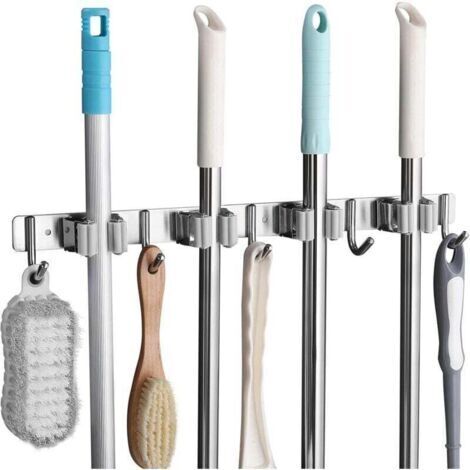 Porte Balai Mural en Acier Inoxydable Accroche Crochet de rangement Balai Mural avec 4 Emplacements et 5 Crochets pour Cuisine, Salle de Bain, Garage et Jardin, Gris (1/4)