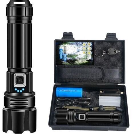 Lampe de poche LED super puissante, rechargeable 3000 lumens, lampe tactique étanche IPX4, lampe de poche P70 5 modes avec batterie (1/4)