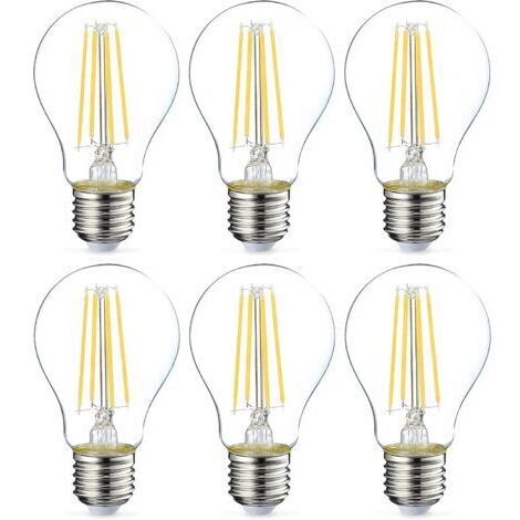 Ampoules LED Culot Edison à vis E27 8 W blanc chaud Filament transparent Intensité non variable, Lot de 6 (1/3)