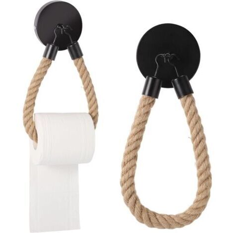 Porte Papier Toilette Mural Corde, Support Porte Rouleau Papier Toilette, Derouleur Papier Toilette Murale Bois Vintage en Métal et Corde de Chanvre (1/5)