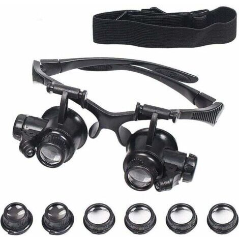 Grossissante avec Éclairage LED, Loupe de tête à LED, Lunette de Précision avec 4 Lentilles Amovibles, pour Lecture Bijoutier Couture Bricolage, Grossissements de 10X 15X 20X 25X (1/4)