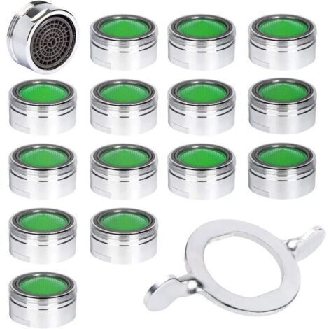 15pcs Mousseur Robinet, Acier Inoxydable Aérateur de robinet M24 avec filtre en ABS, Economiseur d'Eau Embout Brise Jet+15 joints et 1 Clé Argent (1/4)