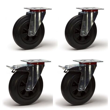 2Gt Roues Et Roulettes – Lot de 4 roulettes pivotantes à frein caoutchouc noir 100 mm – Charge 210 kg – Pour sols irréguliers – Fixation par platine 105x80 mm (1/3)