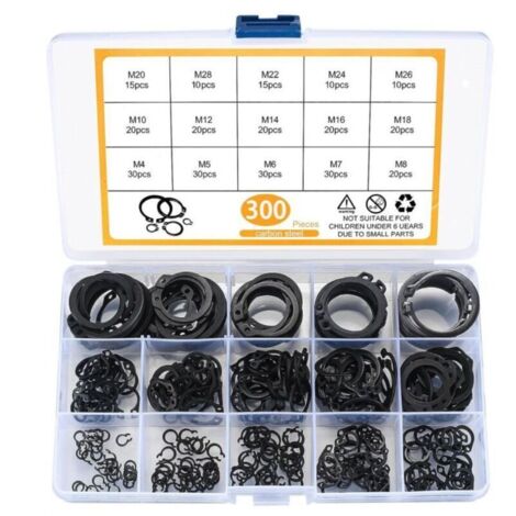 300 Pièces E-clips Kit Anneau de Retenue Externe, Assortiment Circlips Snap, Bagues d'arrêt Circlips, M4-M28 (1/4)