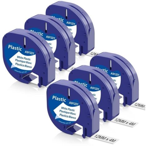 Lot de 6 rubans compatibles Dymo Letratag 12mm x 4m – Plastique noir sur blanc – Résistant à l'eau et à l'huile – Pour étiqueteuses LT-100H LT-100T 200B (1/5)