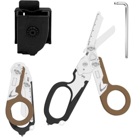 Trauma Ciseaux de sauvetage 6 en 1 pliables Trauma Ciseaux d'urgence, ciseaux à pansements avec coque K, clé pour services d'urgence professionnels, camping en plein air (marron noir) (1/5)
