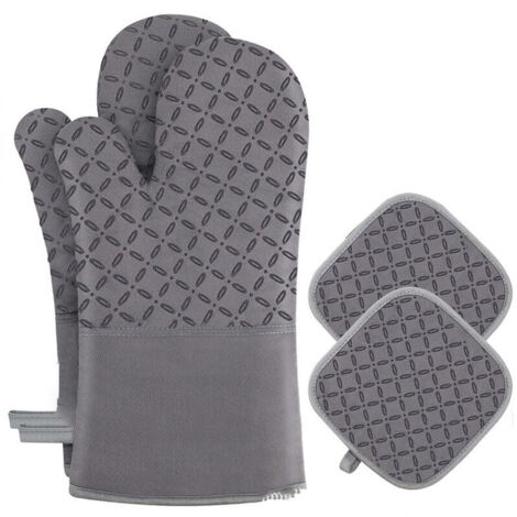 Lot de 4 Gant Four Maniques Cuisine - Gant Four Anti Chaleur Jusqu'à 300 °C, Gants en Silicone Antidérapantes, en Coton Doux, 32cm Longs et Flexibles en Gant de Cuisine, Gris (1/5)