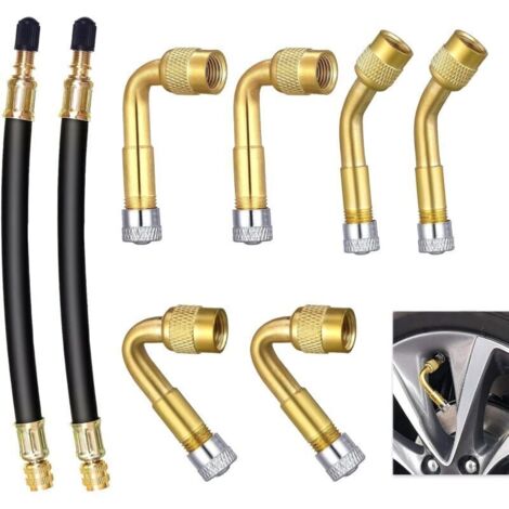 8 Pièces Rallonge Extension Valve Pneu, Extension Valve Pneu Coudées à 45° 90° 135° et 2 Tubes Caoutchouc Flexible 180mm Adaptateurs de Valve en Laiton et Caoutchouc, pour Voiture Moto Vélo Camion