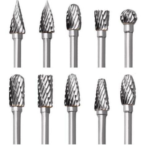Lot de 10 Double Coupe de fraises rotatives en carbure de tungstène, avec tête de meulage, poignée de 3 mm, Pour Outils Rotatifs Dremel, pour Gravure sur Bois Polissage Métal Verre Céramique Bijoux (1/5)