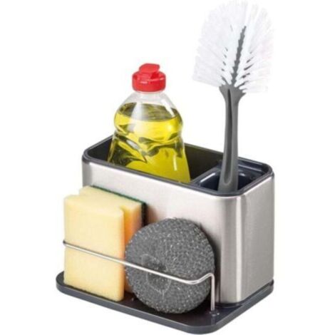 Surface - Rangement/Organiseur pour évier, porte éponge, support pour brosse et liquide vaisselle, vidange de l'eau- Acier Inox résistant aux empreintes digitales, Blanc, Grand modèle (1/5)