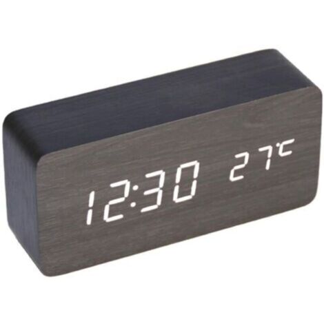 Horloge numérique multifonctionnelle en bois Réveil LED Commande vocale Convient pour la maison Lumière blanche en bois noir (1/5)