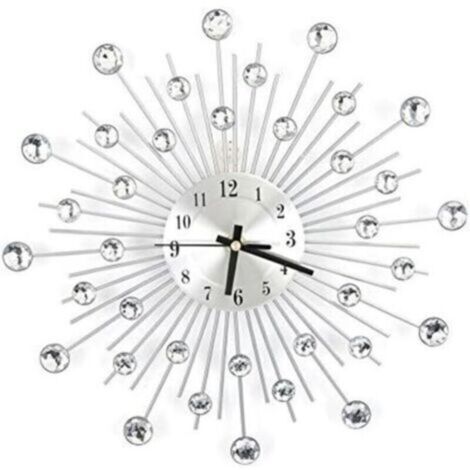 Horloge murale moderne en cristal 3D, 30 cm en métal argenté avec miroir étincelant et strass - Décoration murale ronde - Aiguille numérique en métal - Pour pendaison de crémaillère, salon (1/4)