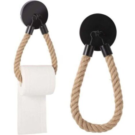 1 Pcs Porte Papier Toilette Mural Corde, Support Porte Rouleau Papier Toilette, Derouleur Papier Toilette Murale Bois Vintage en Métal et Corde de Chanvre (Noir) (1/5)