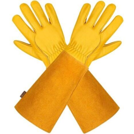 Gants de jardinage en cuir respirant pour hommes et femmes avec gant anti-épines, cuir de vache à manches longues pour jardinier et agriculteur, jaune L (1/5)