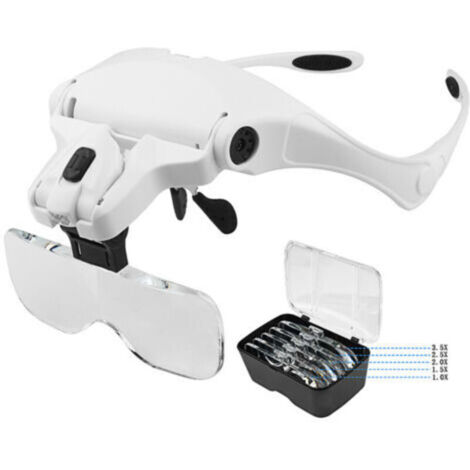Lunettes Loupe avec 2 Lumières LED, Frontale Grossissantes Casque Loupe Mains Libres pour Couture, Lecture Réparations, Bijoux, Montres et Artisanat, 5 Lentilles Détachables (1.0X-3.5X) (1/5)