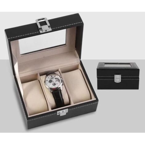 (Noir)Boîte de rangement en cuir pour montre - Haut de gamme - 3 slots - Noir (1/4)