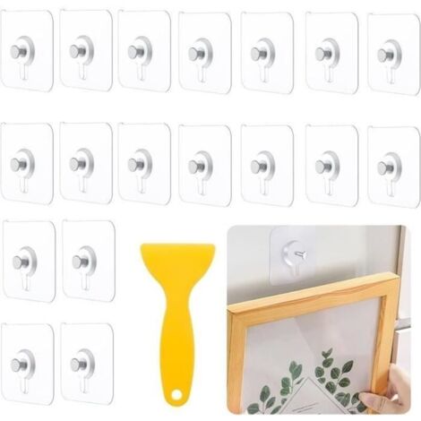 18Pcs Accroche Tableau Sans Percer,Fixation Cadre Sans Percer, Attache Cadre Adhésif Transparent,Crochet Adhesif Mural avec Grattoir (1/4)