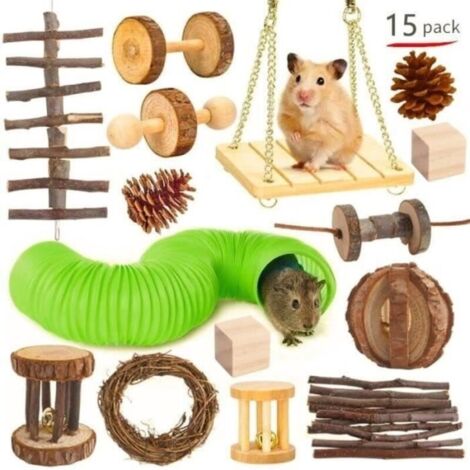KIT JOUET - SET ENSEMBLE JOUET Lot de 15 jouets à mâcher pour hamster en bois naturel Cochon d'Inde Jouet Molaires Fun Tunnel Jouet (1/5)