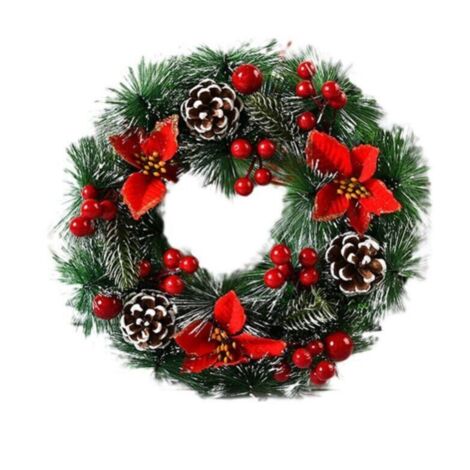 Couronne de Noël artificielle faite de branches de pin vert décorées de pommes de pin et d'un bouquet de baies guirlande de porte pour décorations de fête de porte d'entrée collection de Noël (1/3)