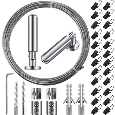 Tringle à rideau en fil métallique de 5 m (196 pouces) avec 24 clips réglables pour rideaux, décoration murale, photo, artisanat, fenêtre (1 ensemble) (1/5)