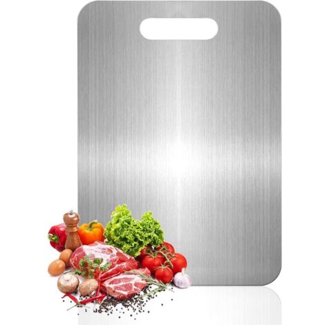 Planche à découper double face en acier inoxydable 304, sans BPA, adaptée à la découpe de viande, de pain, de légumes et de fruits, 39 x 28 cm. (1/5)