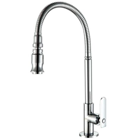 Robinet de cuisine et de jardin en acier inoxydable avec bec pivotant à 360 degrés et douchette extractible, pour évier, buanderie, eau froide uniquement, finition chromée（Sans tuyau） (1/5)