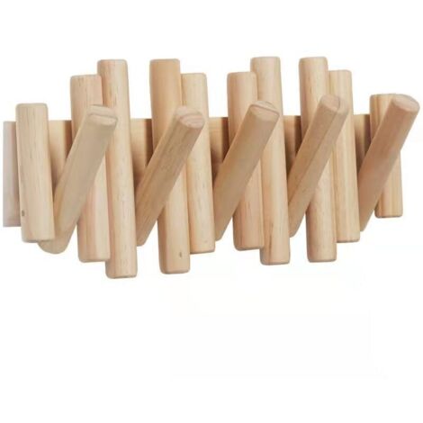 Patère murale avec 5 crochets, bois naturel, 37,1 x 16,5 x 4,4 cm (coloris bois) (1/5)