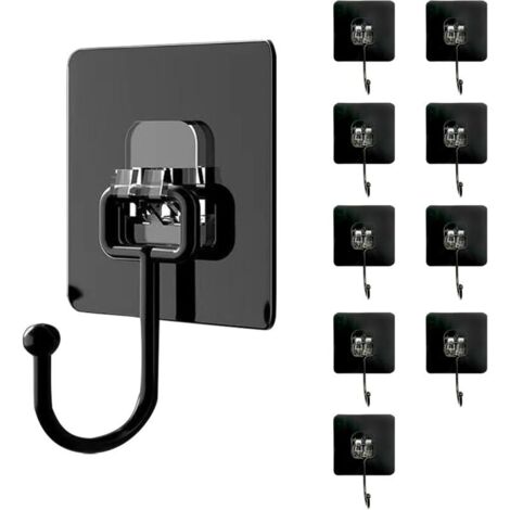 Lot de 10 Cochet Adhésif Mural(Maximum 30 kg) - Noir - Étanche et Sans Trace - Fixation Murale Sans Percer Pour Salle de Bain, Plafond, Crochet Mural, Ustensiles de Cuisine, Clés, Sac à Dos (1/5)
