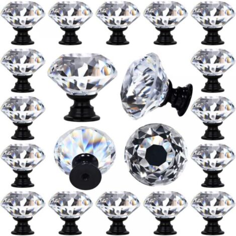 Paquet de 20 poignées de tiroir en verre cristal transparent, décorées de diamants, poignées de vanité de cuisine, base noire de 30mm (1-1/4 ") (1/5)
