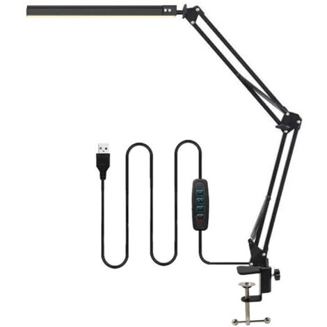 Lampe de bureau et de lecture LED noire avec port USB, bras pivotant et clip, intensité variable, 3 modes de couleur, protection des yeux (1/5)