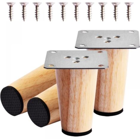 4 Pièces 8cm Pieds de Meuble Bois, Rechange Pieds de Canapé de Bois Massif avec Plaque de Montage, Vis et Tapis antidérapant, Pieds de Table Lit en Bois pour Sofa Armoire Chaise Fauteuil Meuble (1/4)