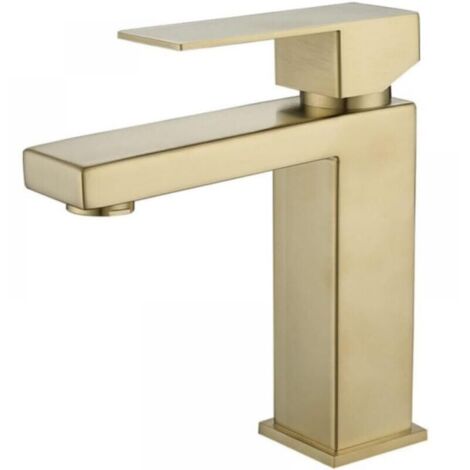 Mitigeur de lavabo de salle de bain en acier inoxydable, installation sur plan, monocommande carrée, monotrou, mitigeur d'eau chaude et froide, grue de baignoire, couleur or, 16,4 × 15 cm (1/3)