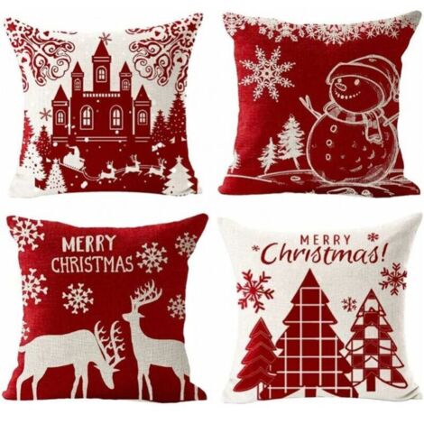 Housses de Coussin Joyeux Noël Lot de 4 en Coton et Lin Taie d'oreiller l'hiver Noël Wapiti Chateau Bonhomme de Neige Modèle Décoration pour Canapé Chambre Maison 45 x 45 cm (1/5)
