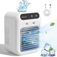 Climatiseur portable, mini climatiseur portable rechargeable 25 W, 2 vaporisateurs d'air frais, ventilateur personnel à 2 vitesses, climatiseur pour petite pièce, pour chambre, bureau et extérieur