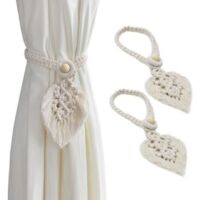 2 Pack Curtain Tiebacks, Bohemian Braided Curtain Tie, Beige Curtain Tiebacks with Handmade Leaves Curtain Decoration for Home L