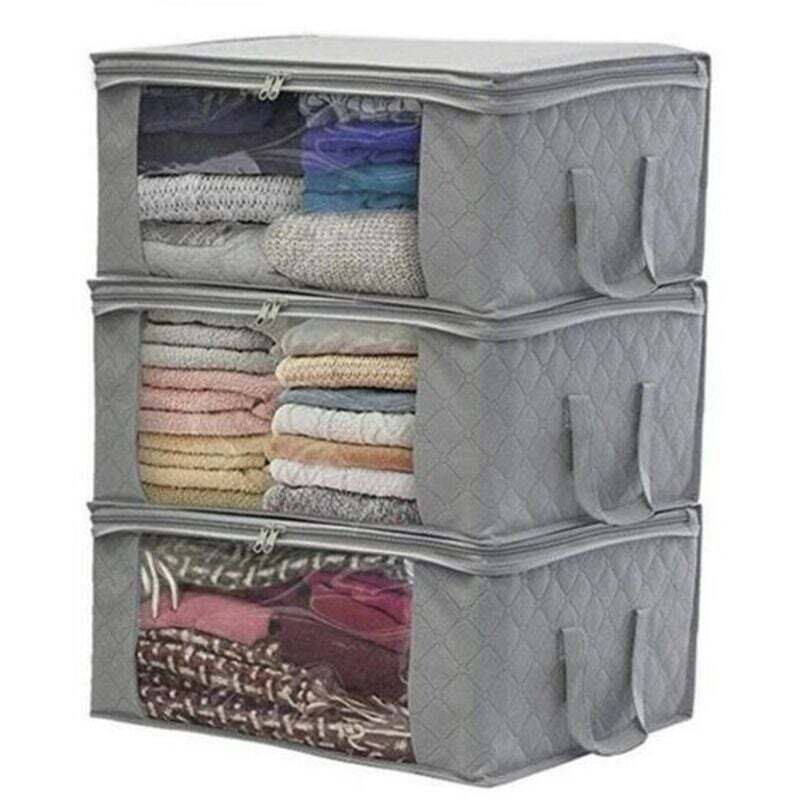 Lot de 3 sacs de rangement drap de lit, boîte de rangement linge pliable, 38x32x12cm, gris Lot de 3 sacs de rangement drap de lit, boîte de rangement linge pliable, 38x32x12cm, gris
