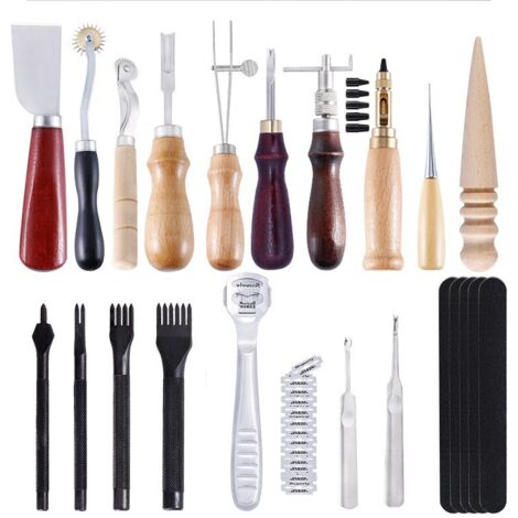18PCS Kit Outils Cuir DIY Outillage Poinçon Artisanat Maroquinerie Bricolage Main Punch Trou Stitching Working Sewing Saddle Groover (1/4)