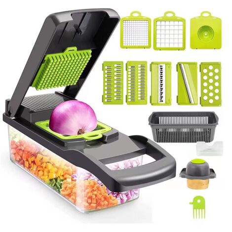 16 en 1 Mandoline Cuisine Kit, Coupe Decoupe Legumes Multifonctions, Legumes Manuel à 7 Lames Remplaçables Vegetable Chopper, Coupe Legume Cube, pour Couper, Râper Les, Trancher Légumes