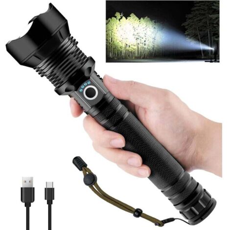 Lampe torche LED ultra puissante, 4 000 lumens, rechargeable, P90, torche ultra puissante, étanche, réglable et zoomable, lampe torche rechargeable par USB (batterie incluse) XXW (1/4)