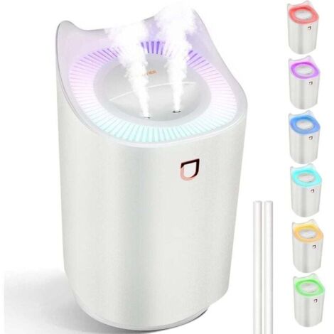 Humidificateur de chambre, humidificateur 3L, lumière LED 7 couleurs et 2 trous de pulvérisation d'eau, peut fonctionner en continu jusqu'à 24 à 48 heures, convient pour la maison, le yoga, le bureau