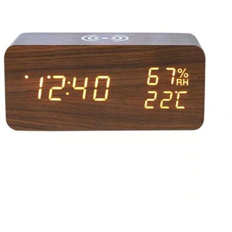 Réveil numérique LED sans fil, affichage de la température et de l'humidité, luminosité réglable (marron) XXW (1/4)