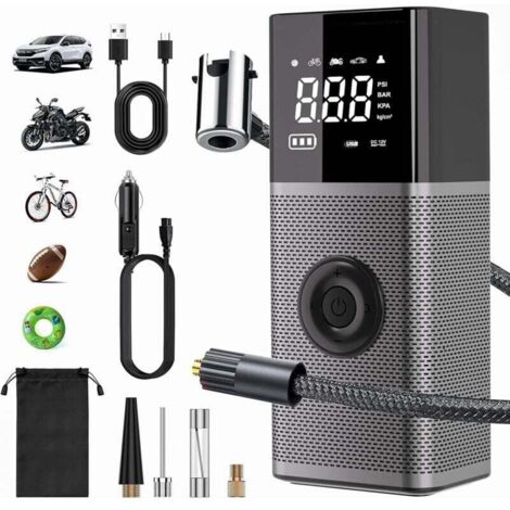 Compresseur d'air portable sans fil 6 000 mAh, batterie rechargeable USB, gonfleur de pneus de voiture 150 psi/10,3 bar/12 V/120 W, avec éclairage d'urgence LED et 5 modes de gonflage pour vélo XXW