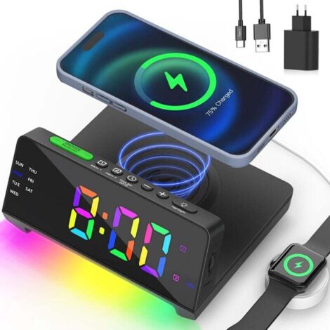 Réveil numérique avec chargeur sans fil, horloge LED lumineuse avec affichage dynamique coloré, horloge numérique avec 2 alarmes, répétition de 1 à 15 minutes, veilleuse LED à intensité variable, 2 po