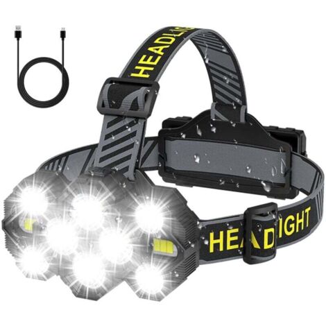 Lampe frontale rechargeable mains libres 10 LED 22 000 lumens 10 modes LED Phare LED IPX4 étanche 90° réglable pour camping, vélo, activités nocturnes Noir [Classe énergétique A+] XXW (1/4)