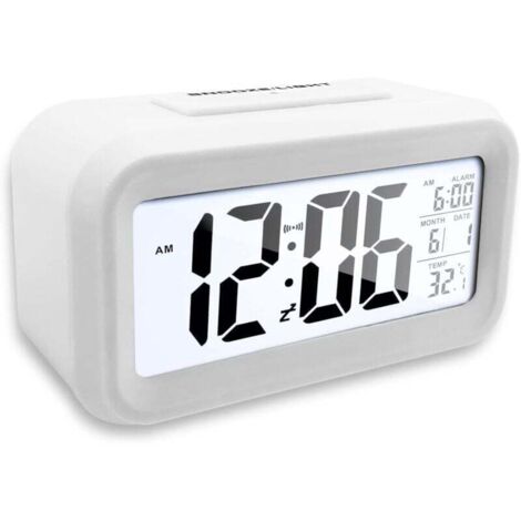 Réveil numérique à piles avec grand écran, réveil LED avec fonction snooze, horloge numérique portable à piles avec température et date, pour chambre et bureau, blanc (1/4)