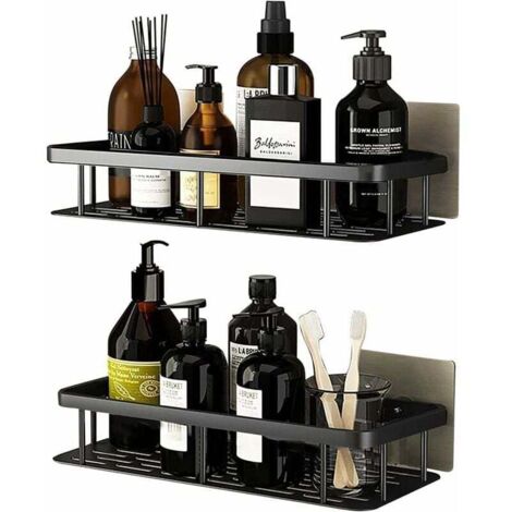Douche sans perçage en aluminium, rangement de salle de bain résistant à la rouille, étagère de salle de bain autocollante-noir 2 pièces (1/4)