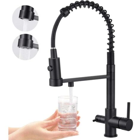 Robinet de cuisine trois voies, robinet de cuisine extractible, robinet d'évier en laiton, mitigeur filtre à eau 3 en 1 (noir mat) (1/4)