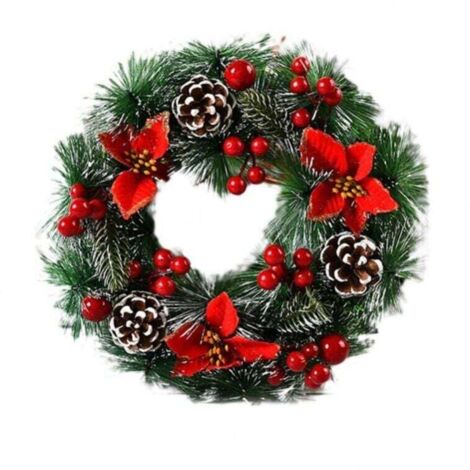 Couronne de Noël artificielle en branches de pin vert décorées de pommes de pin et d'un bouquet de baies, couronne de porte d'entrée, décorations de fête, collection de Noël (1/3)