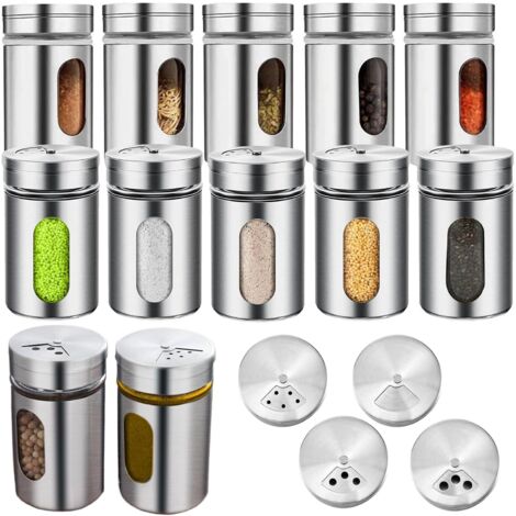 Saupoudreuses à épices, lot de 12, 3 tailles de débit, fenêtre de contrôle, herbes, verre, acier inoxydable(100ml) (1/4)