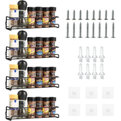 Étagère à épices murale - Lot de 4 rangements pour épices de cuisine - Sans perçage - Étagère à épices autocollante avec 8 autocollants et vis - Idéal pour les armoires de cuisine